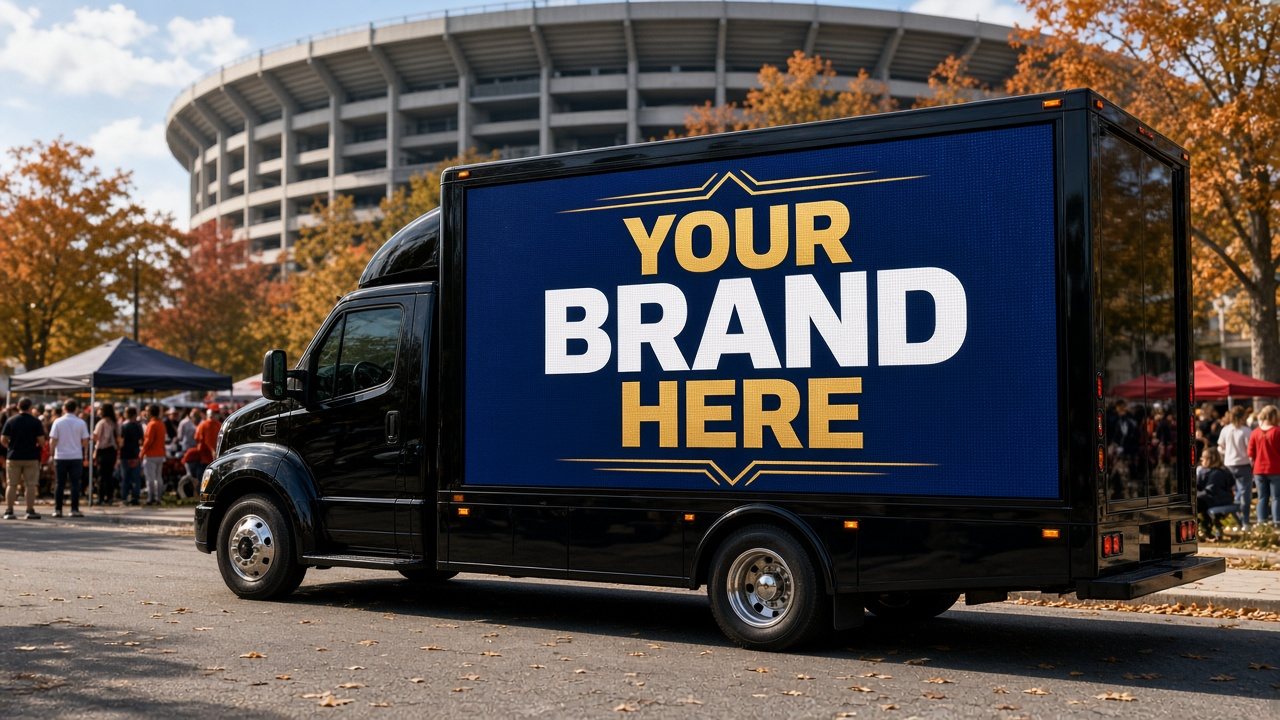 Concept mockup of a black LED box truck with a large screen reading YOUR BRAND HERE, parked beside a college football stadium on game day